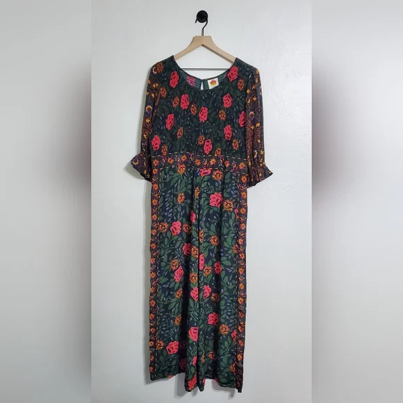 ☆SOLD☆ Farm Rio Anthropologie Smocked Jumpsuit In Black Motif Sz Extra Large - Picture 5 of 8
